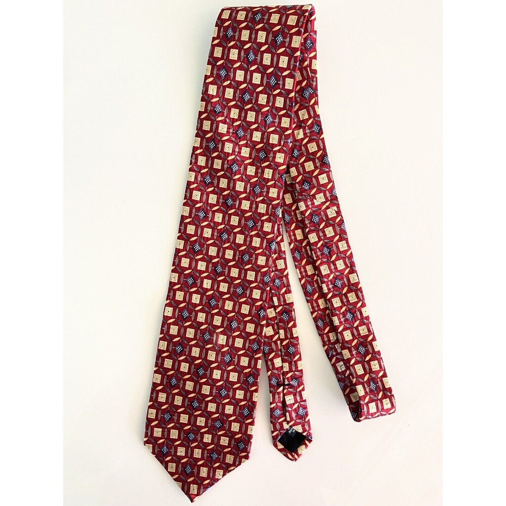 Jos A Bank Tie XL Silk Tie Geometric Red Blue Cream Gray 63 x 4 in Extra Long - Picture 11 of 11